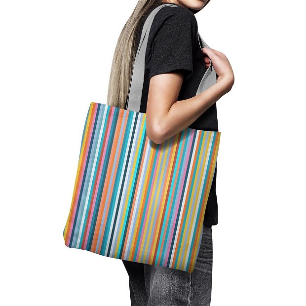 Geanta Handmade, Tote Bag Basic Original Mulewear, Abstract Dungi Usoare, Easy Stripes, Multicolor, 43x37 cm