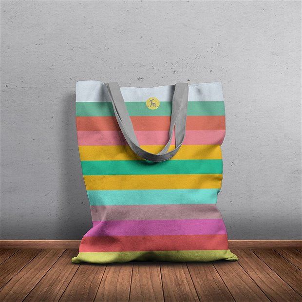 Geanta Handmade, Tote Bag Basic Original Mulewear, Abstract Dungi Orizontale Colorate, Horizontally Colored, Multicolor, 43x37 cm