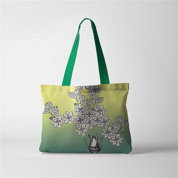 Geanta Handmade, Tote Bag Fatty Captusit Original Mulewear, Botanic Flori Albe, White Blessing, Multicolor, 37x45 cm