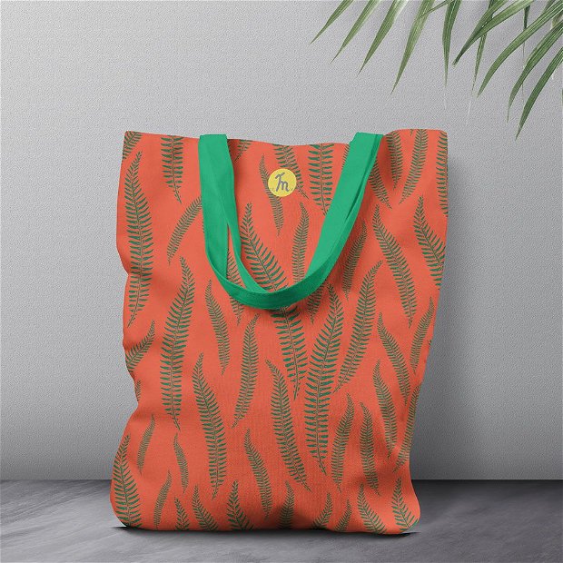 Geanta Handmade, Tote Bag Liner Captusit Original Mulewear, Botanic Flori Ferigi, Orange In-Fern-O, Multicolor, 45x37 cm