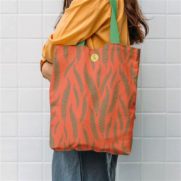 Geanta Handmade, Tote Bag Liner Captusit Original Mulewear, Botanic Flori Ferigi, Orange In-Fern-O, Multicolor, 45x37 cm