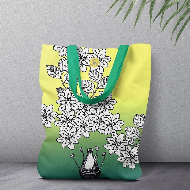 Geanta Handmade, Tote Bag Liner Captusit Original Mulewear, Botanic Flori Albe, White Blessing, Multicolor, 45x37 cm