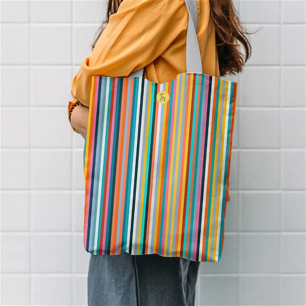 Geanta Handmade, Tote Bag Liner Original Mulewear, Abstract Dungi Usoare, Easy Stripes, Multicolor, 45x37 cm