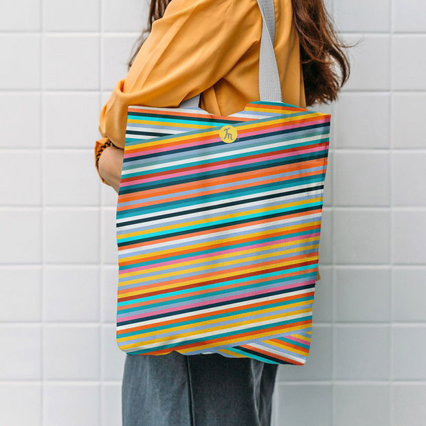 Geanta Handmade, Tote Bag Liner Original Mulewear, Abstract Magia Culorilor, Stripey Magic, Multicolor, 45x37 cm