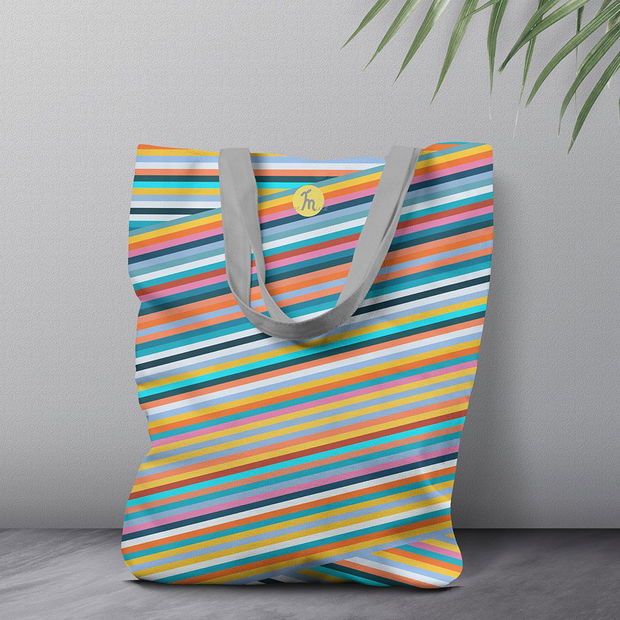 Geanta Handmade, Tote Bag Liner Original Mulewear, Abstract Magia Culorilor, Stripey Magic, Multicolor, 45x37 cm