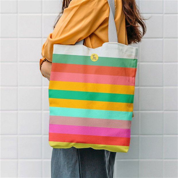Geanta Handmade, Tote Bag Liner Original Mulewear, Abstract Dungi Orizontale Colorate, Horizontally Colored, Multicolor, 45x37 cm