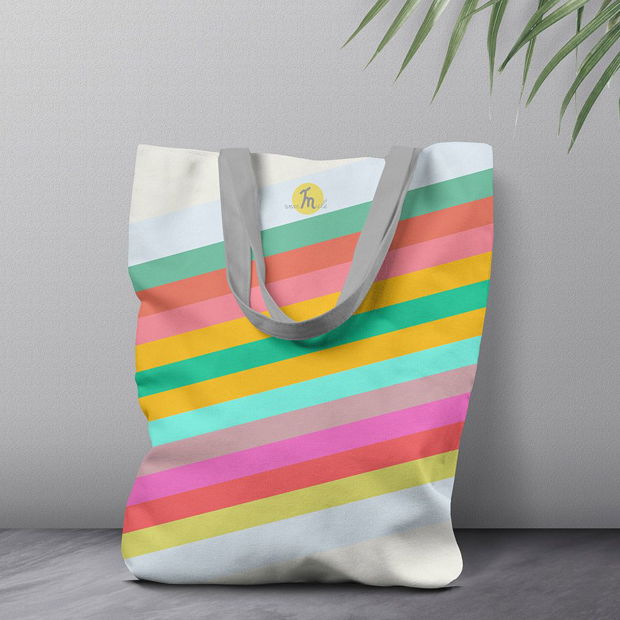 Geanta Handmade, Tote Bag Liner Original Mulewear, Abstract Dungi Optimiste, Optimistic Stripes, Multicolor, 45x37 cm