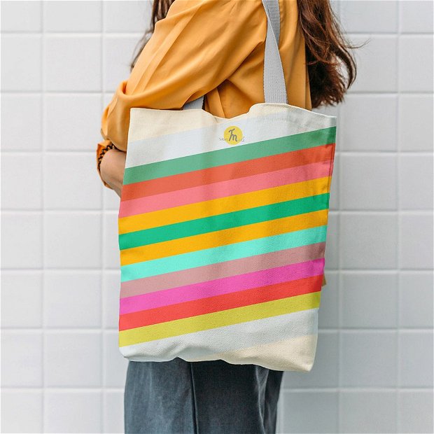 Geanta Handmade, Tote Bag Liner Original Mulewear, Abstract Dungi Optimiste, Optimistic Stripes, Multicolor, 45x37 cm