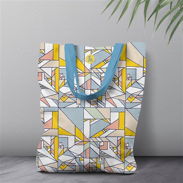 Geanta Handmade, Tote Bag Liner Captusit Original Mulewear, Geometric Abstract Patrate Culori Calme, Calming Compo, Multicolor, 45x37 cm