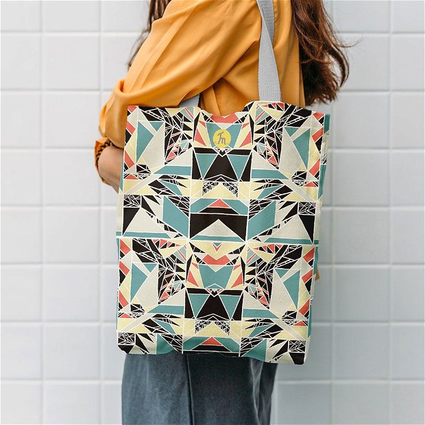 Geanta Handmade, Tote Bag Liner Captusit Original Mulewear, Geometric Abstract Privind prin Stroboscop, Strobo Madness 2, Multicolor, 45x37 cm