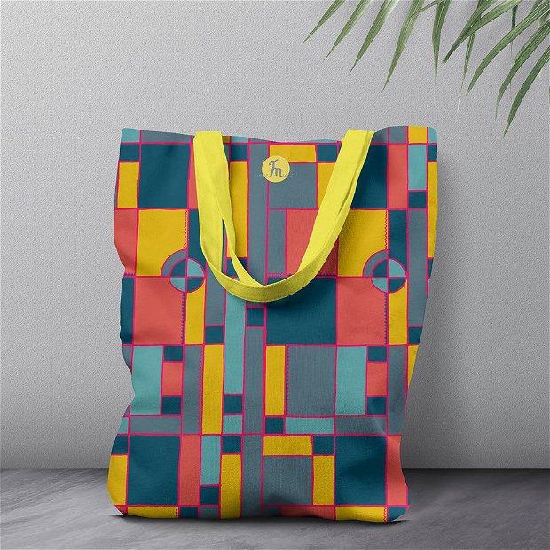 Geanta Handmade, Tote Bag Liner Captusit Original Mulewear, Geometric Abstract Desen Color Copii, Child Mumble, Multicolor, 45x37 cm