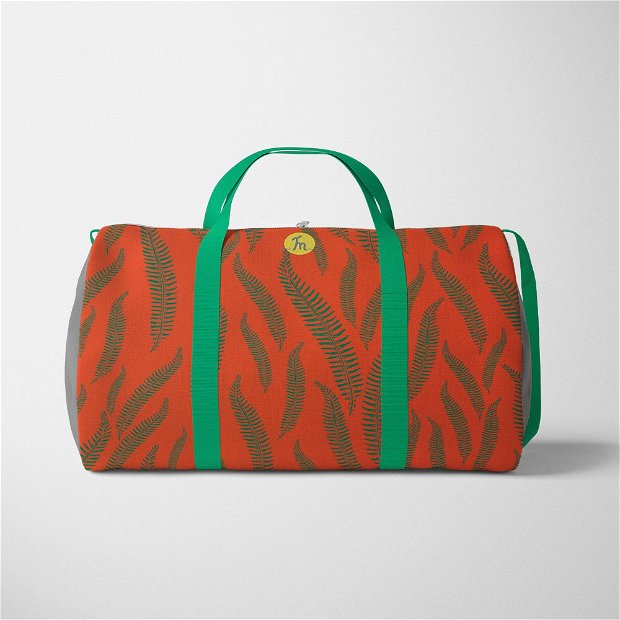 Geanta Voiaj Handmade, Travel Duffle Bag Original Mulewear, Botanic Flori Ferigi, Orange In-Fern-O, Multicolor, 33L