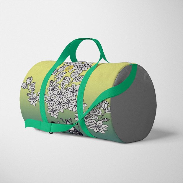 Geanta Voiaj Handmade, Travel Duffle Bag Original Mulewear, Botanic Flori Albe, White Blessing, Multicolor, 33L