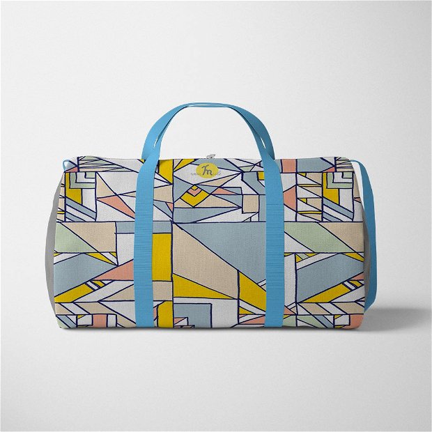 Geanta Voiaj Handmade, Travel Duffle Bag Original Mulewear, Geometric Abstract Patrate Culori Calme, Calming Compo, Multicolor, 33L