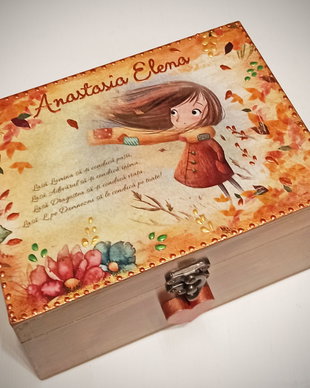 Cufar din lemn (cufar amintiri, trusou botez), 20/15/8 cm, cu tema de toamna