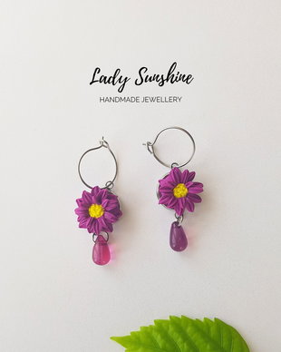 Cercei verigi din inox, cercei crizanteme violet, cercei fimo