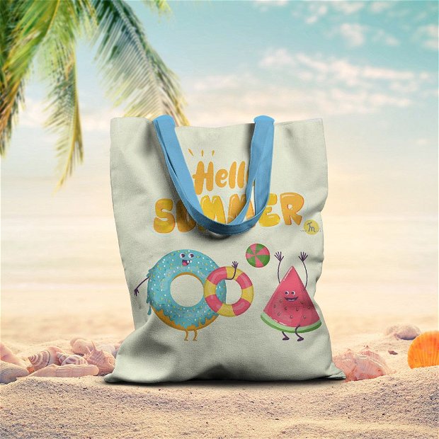Geanta Handmade de Plaja, Tote Bag Basic Original Mulewear, Hello Summer Vara, Gogoasa si Pepene Rosu, Multicolor, 43x37 cm