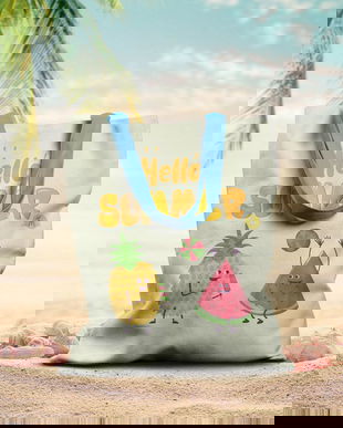 Geanta Handmade de Plaja, Tote Bag Basic Original Mulewear, Hello Summer Vara, Ananas si Pepene Rosu, Multicolor, 43x37 cm