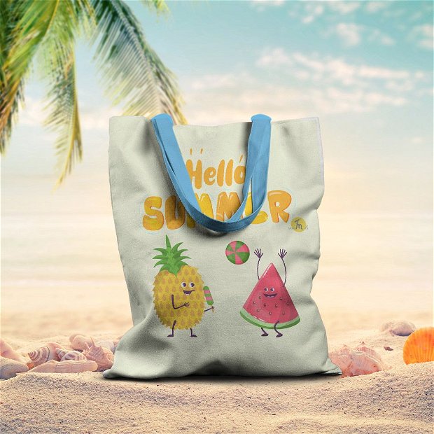 Geanta Handmade de Plaja, Tote Bag Basic Original Mulewear, Hello Summer Vara, Ananas si Pepene Rosu, Multicolor, 43x37 cm