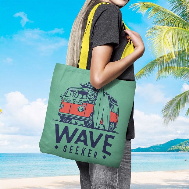 Geanta Handmade de Plaja, Tote Bag Basic Original Mulewear, Wave Seeker Vara, VW Bus si Placi de Surf, Multicolor, 43x37 cm
