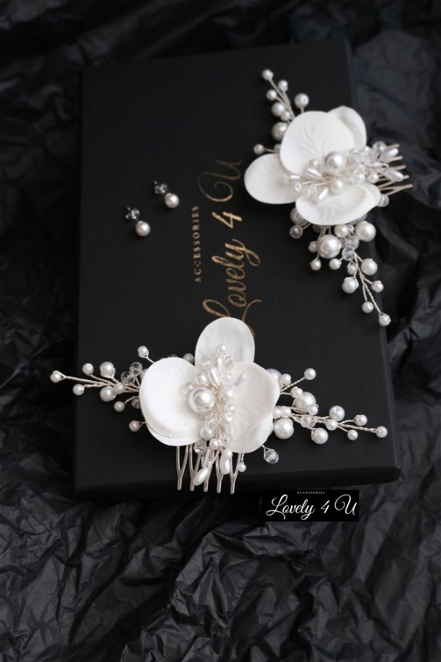 MIRELLA Accesoriu cu flori ORHIDEE - Pieptan mireasa cu perle