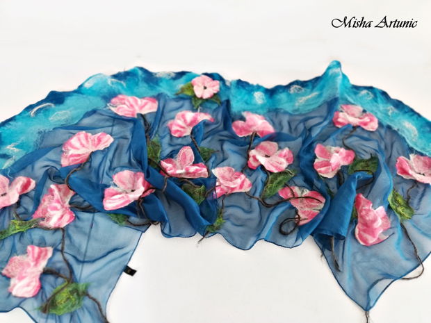 rezervat Sal din matase naturala si flori roz impaslite 3D