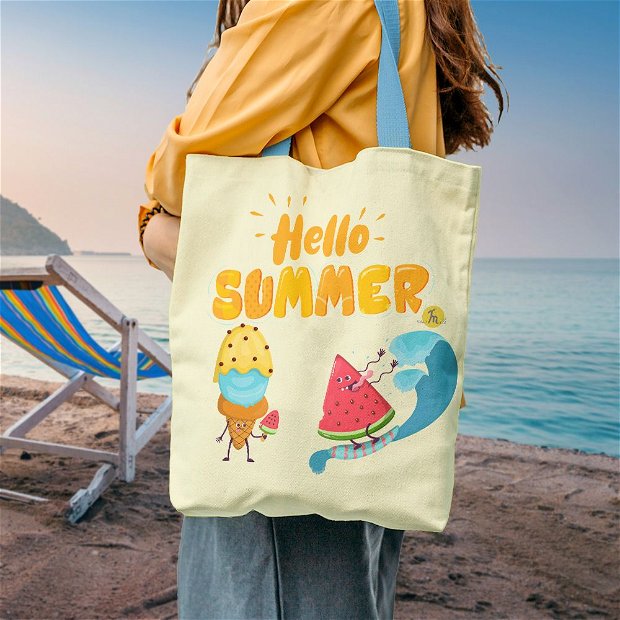 Geanta Handmade de Plaja, Tote Bag Liner Captusit Original Mulewear, Hello Summer Vara, Inghetata si Pepene rosu, Multicolor, 45x37 cm