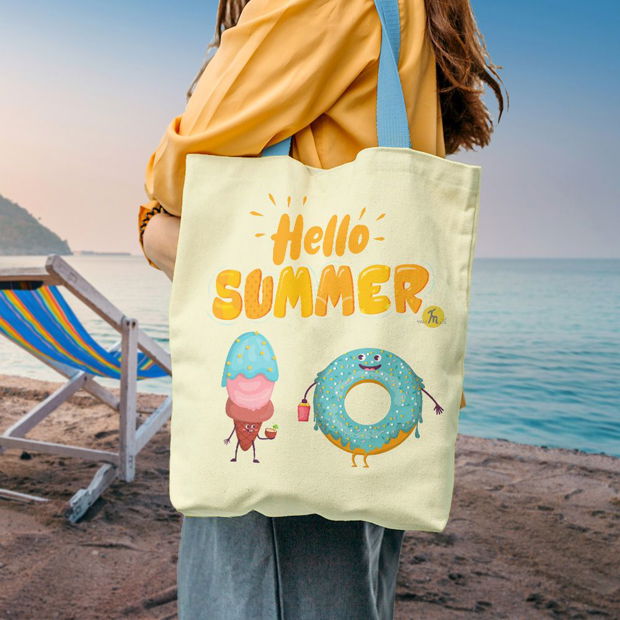 Geanta Handmade de Plaja, Tote Bag Liner Captusit Original Mulewear, Hello Summer Vara, Inghetata si Gogoasa, Multicolor, 45x37 cm