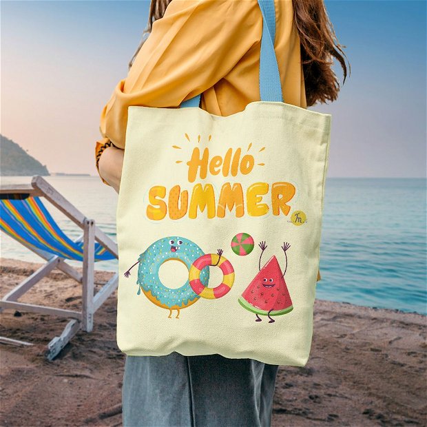 Geanta Handmade de Plaja, Tote Bag Liner Captusit Original Mulewear, Hello Summer Vara, Gogoasa si Pepene Rosu, Multicolor, 45x37 cm