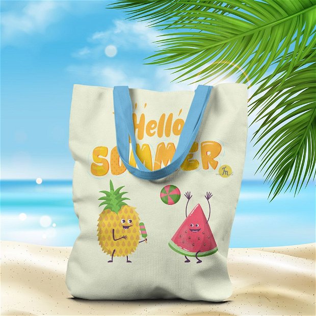 Geanta Handmade de Plaja, Tote Bag Liner Captusit Original Mulewear, Hello Summer Vara, Ananas si Pepene Rosu, Multicolor, 45x37 cm