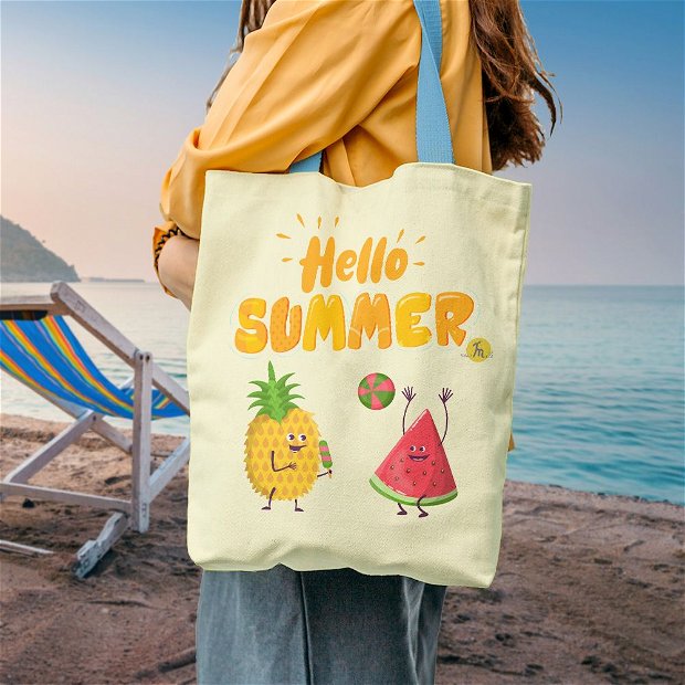 Geanta Handmade de Plaja, Tote Bag Liner Captusit Original Mulewear, Hello Summer Vara, Ananas si Pepene Rosu, Multicolor, 45x37 cm