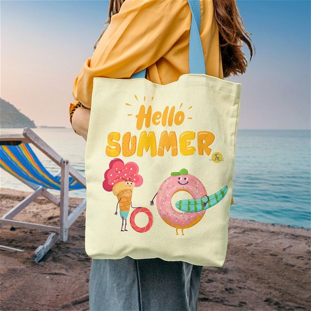 Geanta Handmade de Plaja, Tote Bag Liner Captusit Original Mulewear, Hello Summer Vara, Inghetata cu Gogoasa, Multicolor, 45x37 cm