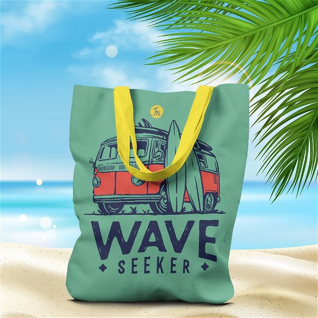 Geanta Handmade de Plaja, Tote Bag Liner Captusit Original Mulewear, Wave Seeker Vara, VW Bus si Placi de Surf, Multicolor, 45x37 cm