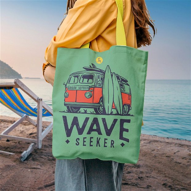 Geanta Handmade de Plaja, Tote Bag Liner Captusit Original Mulewear, Wave Seeker Vara, VW Bus si Placi de Surf, Multicolor, 45x37 cm