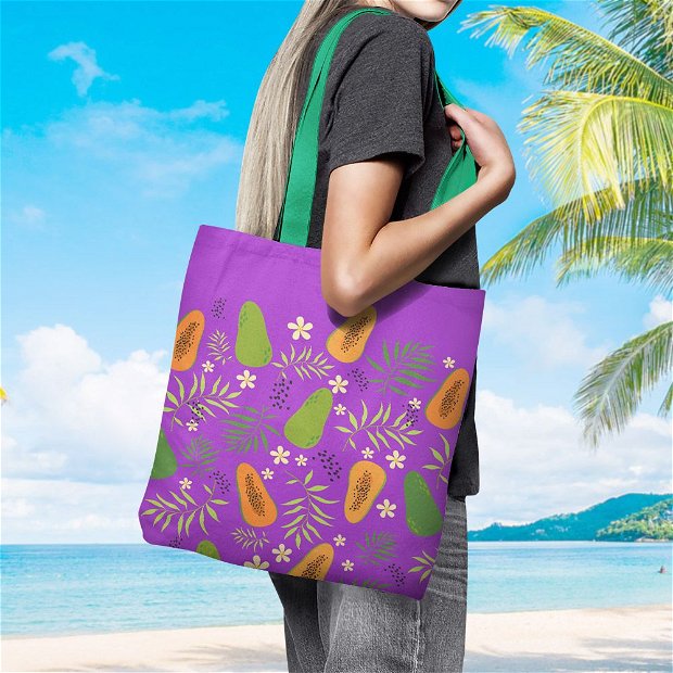 Geanta Handmade de Plaja, Tote Bag Basic Original Mulewear, Fructe Mango si Flori pe Fundal Violet la Plaja, Multicolor, 43x37 cm