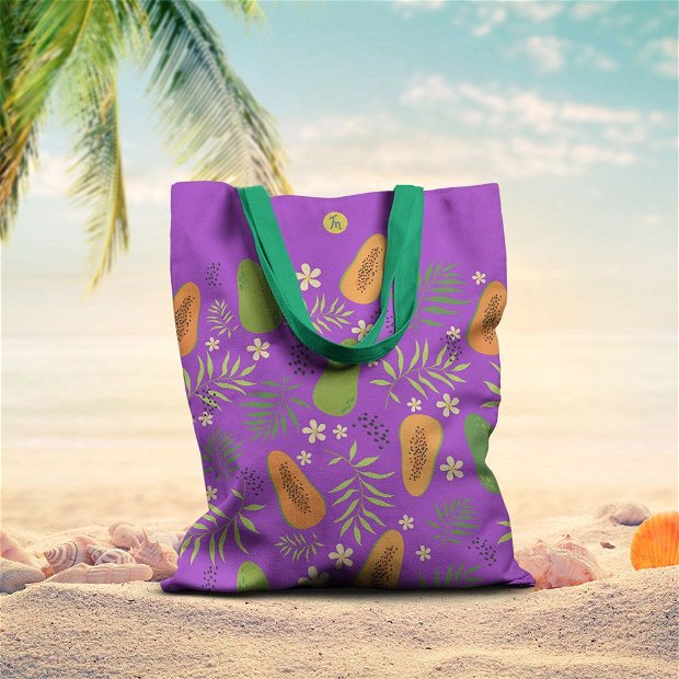 Geanta Handmade de Plaja, Tote Bag Basic Original Mulewear, Fructe Mango si Flori pe Fundal Violet la Plaja, Multicolor, 43x37 cm