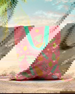 Geanta Handmade de Plaja, Tote Bag Basic Original Mulewear, Fructe Mango, Lamai si Fructul Pasiunii la Plaja, Multicolor, 43x37 cm