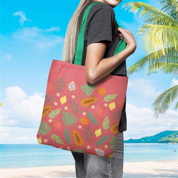 Geanta Handmade de Plaja, Tote Bag Basic Original Mulewear, Fructe Mango, Lamai si Fructul Pasiunii la Plaja, Multicolor, 43x37 cm