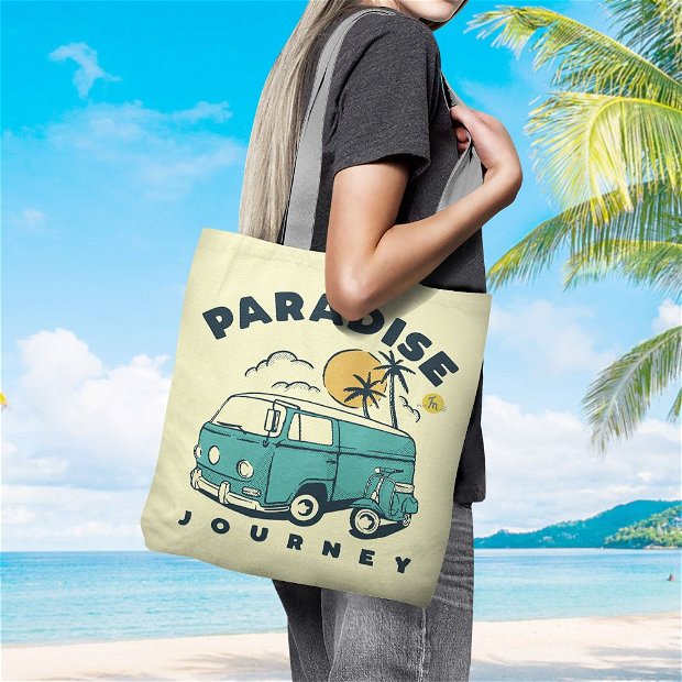 Geanta Handmade de Plaja, Tote Bag Basic Original Mulewear, Paradise Journey VW Bus si Scuter Vespa Vintage la Plaja, Multicolor, 43x37 cm