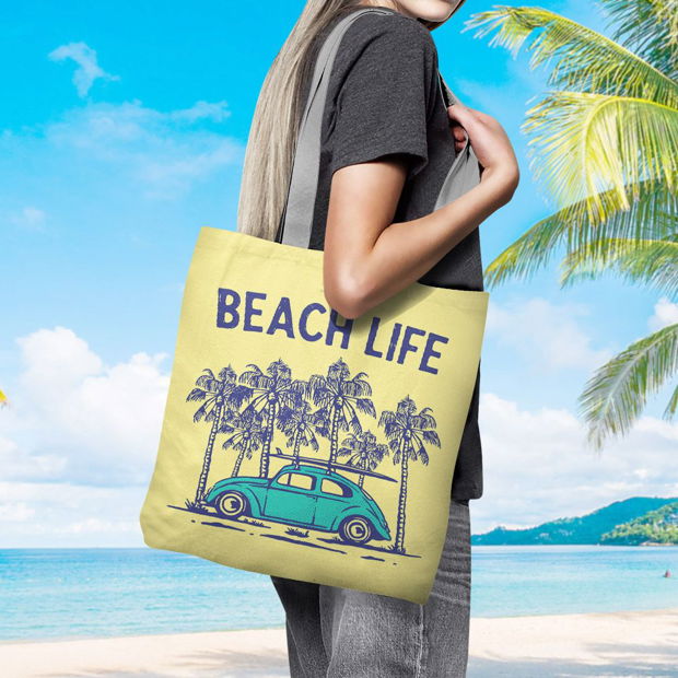 Geanta Handmade de Plaja, Tote Bag Basic Original Mulewear, Beach Life VW Broscuta Vintage cu Placa de Surf la Plaja, Multicolor, 43x37 cm