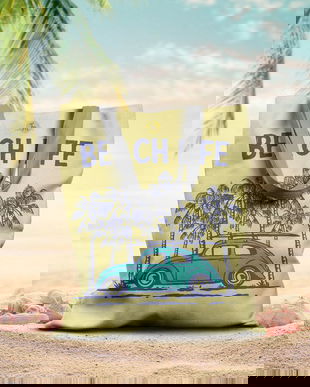 Geanta Handmade de Plaja, Tote Bag Basic Original Mulewear, Beach Life VW Broscuta Vintage cu Placa de Surf la Plaja, Multicolor, 43x37 cm