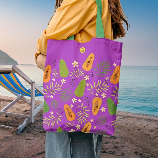 Geanta Handmade de Plaja, Tote Bag Liner Captusit Original Mulewear, Fructe Mango si Flori pe Fundal Violet la Plaja, Multicolor, 45x37 cm