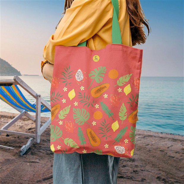 Geanta Handmade de Plaja, Tote Bag Liner Captusit Original Mulewear, Fructe Mango, Lamai si Fructul Pasiunii la Plaja, Multicolor, 45x37 cm