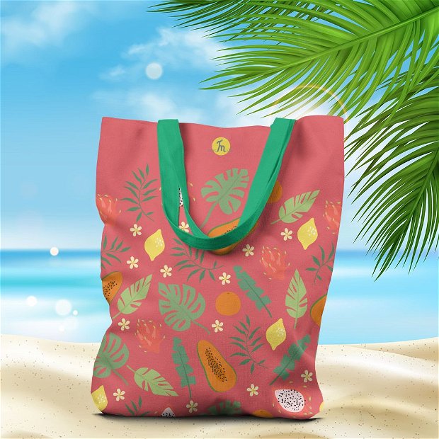 Geanta Handmade de Plaja, Tote Bag Liner Captusit Original Mulewear, Fructe Mango, Lamai si Fructul Pasiunii la Plaja, Multicolor, 45x37 cm