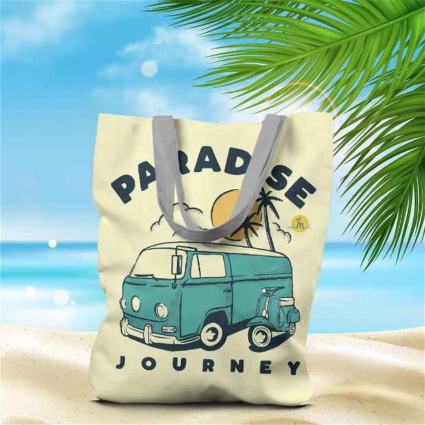 Geanta Handmade de Plaja, Tote Bag Liner Captusit Original Mulewear, Paradise Journey VW Bus si Scuter Vespa Vintage la Plaja, Multicolor, 45x37 cm