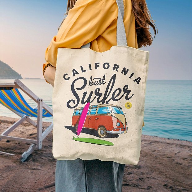Geanta Handmade de Plaja, Tote Bag Liner Captusit Original Mulewear, California Best Surfer Duba si Placi de Surf la Plaja, Multicolor, 45x37 cm