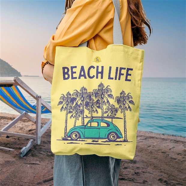 Geanta Handmade de Plaja, Tote Bag Liner Captusit Original Mulewear, Beach Life VW Broscuta Vintage cu Placa de Surf la Plaja, Multicolor, 45x37 cm