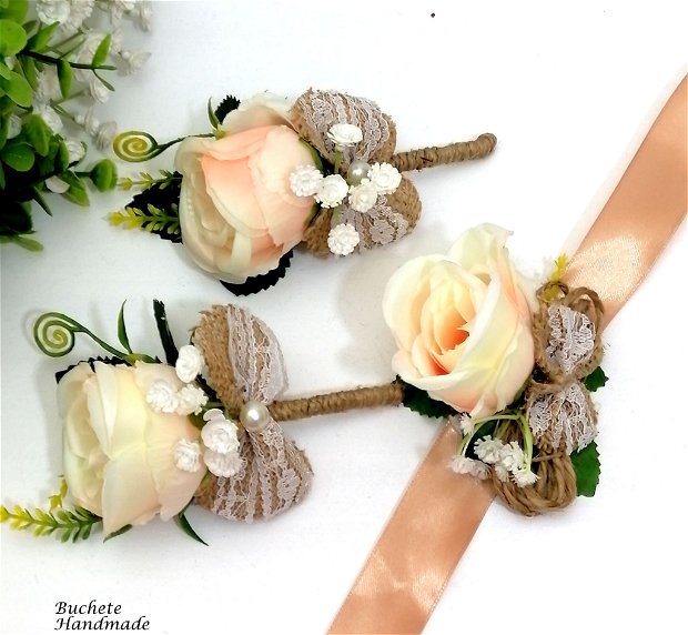 Flori de nunta alb si roz/Cocarde nunta /Bratari nunta