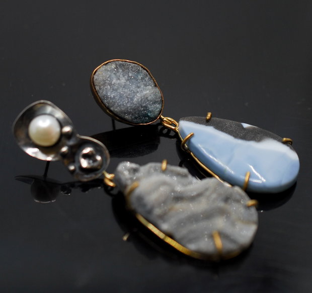 Cercei din alama placata cu aur, argint si pietre naturale, cercei lungi argint, cercei statement, cercei handmade
