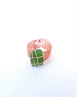 Inel cupru emailat, sea glass (sticla de mare)